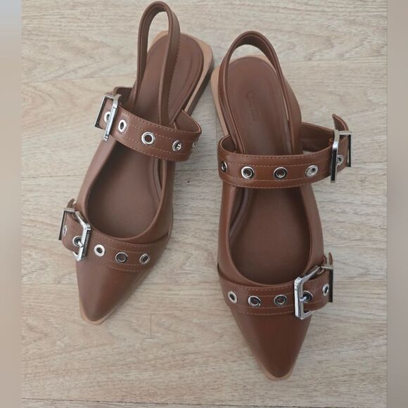 Quince Italian Leather Bold Buckle Slingback Flat Size 8 - Picture 3 of 12